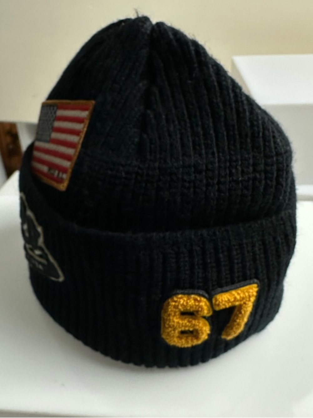 Polo Ralph Lauren Multi Patch Script Logo Black Knit Beanie Hat Black Cap NWT - Picture 5 of 5